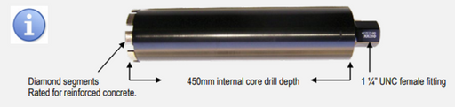 Diamond Core Drill Bit Concrete Rated 1 1/4" UNC Fittings 229mm Diameter x 450mm Length