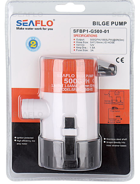SeaFlo 12 Volt 750 GPH Submersible Bilge Pump 19mm 3/4" Outlet Non-Automatic