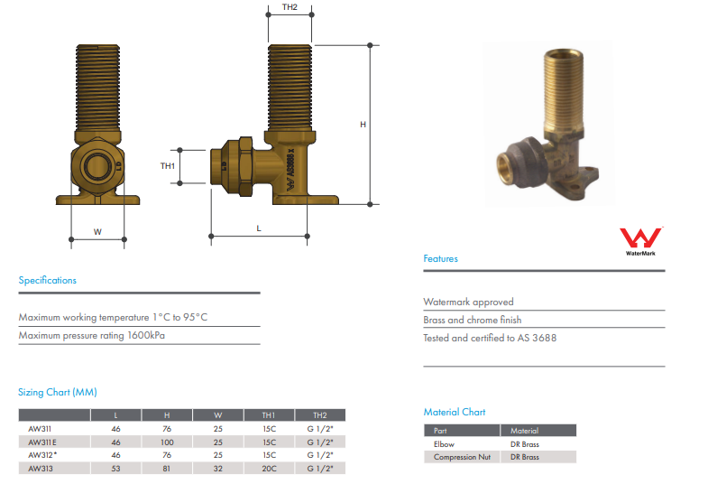 BRASS COMPRESSION ELBOW FLARED 15mm M x 15C EXTENDED LUGGED 1/2" x 1/2" (EXTENDED 95mm)