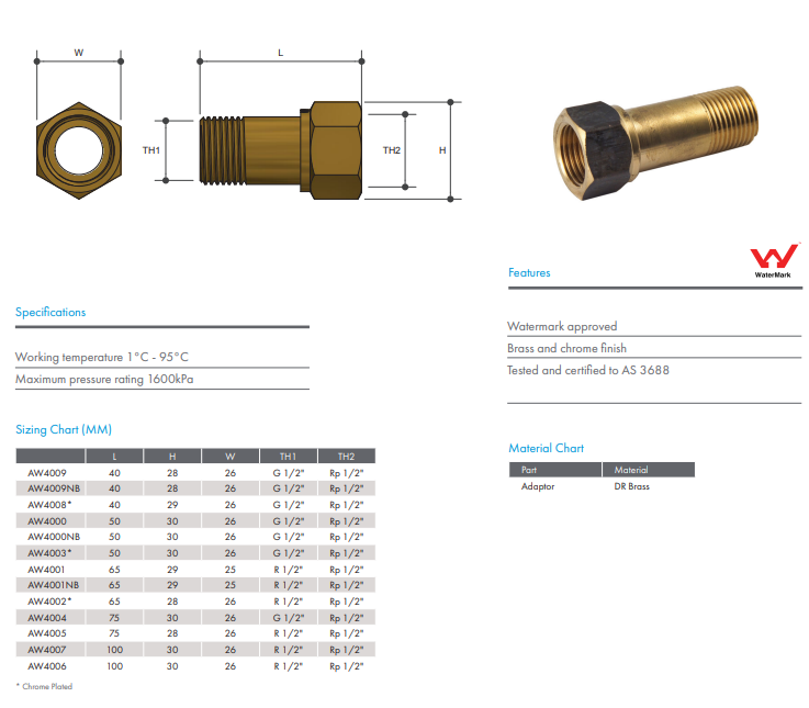 Brass Adaptor 1/2" BSP (15mm) x 40mm Male x Female Extended Chrome Plated