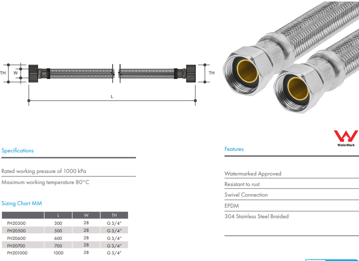 Flexible Hose Female x Female 3/4" BSP (20mm) x 700mm Stainless Steel Braided Water Connector EPDM Inner