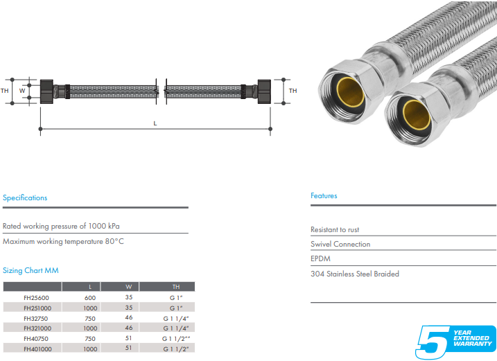 Flexible Hose Female x Female 1 1/4" BSP (32mm) x 1000mm Stainless Steel Braided Water Connector EPDM Inner