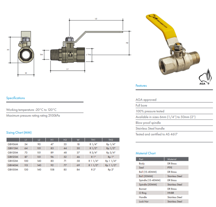 Ball Valve AGA Gas Approved 1" BSP (25mm) Male Female