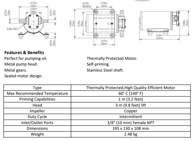 SeaFlo 12 Volt Gear Pump Positive Displacement Pump Oil Transfer Applications - Open Flow 12.0 LPM