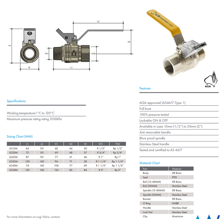 Ball Valve AGA Gas Approved 1 1/4" BSP (32mm) Male Female Lockable