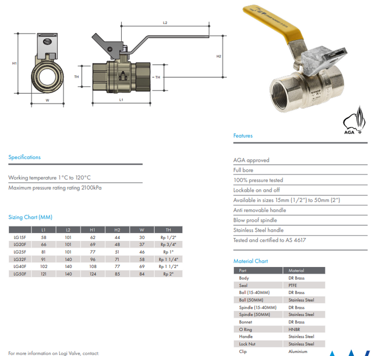 Ball Valve AGA Gas Approved 1" BSP (25mm) Female Female Lockable