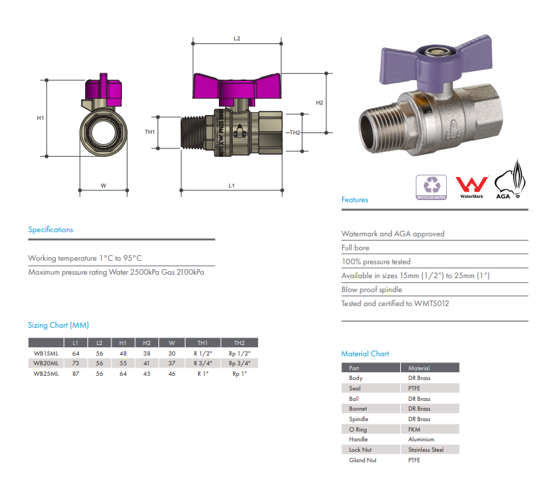 3/4" BSP (20mm) Brass Ball Valve Butterfly Handle Male Female Recycled Water Watermarked