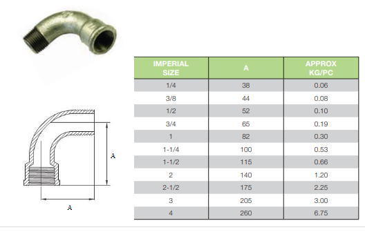 1 1/2" BSP (40mm) Gal Mal Long Sweep Bend 90 Degree Male Female Galvanised Malleable