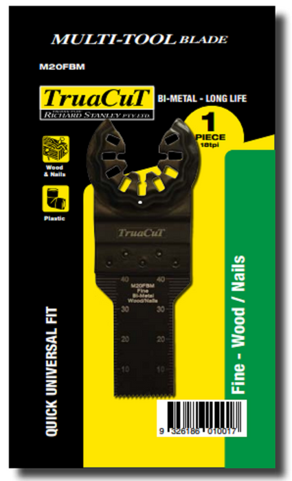 TRUACUT MULTI TOOL BLADE - BI-METAL - FINE CUT - WOOD & NAILS, PLASTIC - 20MM W x 40MM D 1 PIECE PACK