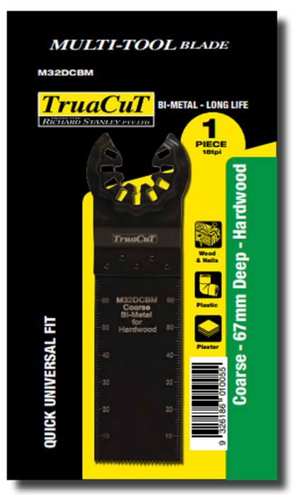 TRUACUT MULTI TOOL BLADE -  BI-METAL - COARSE DEEP CUT - 32MM W x 67MM D - WOOD & NAILS, PLASTIC, PLASTER