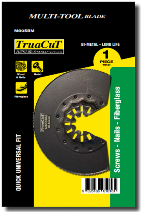 TRUACUT MULTI TOOL BLADE - BI METAL - 80mm DIA SEGMENT BLADE - LONG CUTS - SCREWS, NAILS, FIBREGLASS - 3 PC