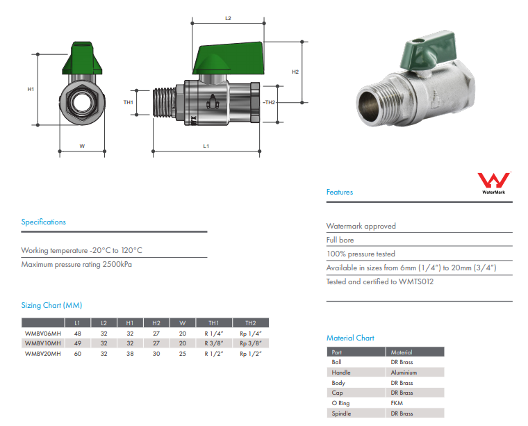 1/4" BSP (6mm) Watermarked Mini Ball Valve Male x Female