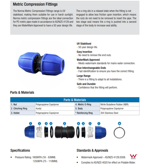 63mm x 32mm x 63mm Norma Metric Tee - PE x PE x PE - Irrigation Compression Fitting Blue Line Poly Pipe