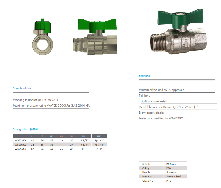 1" BSP (25mm) Brass Ball Valve Butterfly Handle Male Female Nickel Plated Watermarked