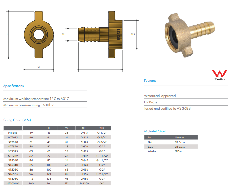 Brass Nut And Tail 1" Female BSP x 1"Barb (25mm)