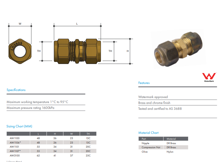 NYLON COMPRESSION BRASS - UNION COMPRESSION x COMPRESSION - 25C x 25C