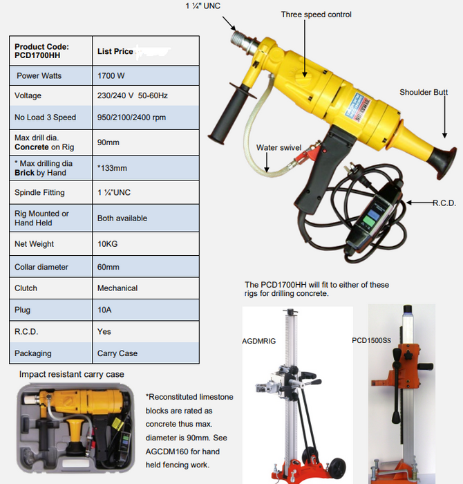 Dymaxion Core Drilling Machine 1700 Watt Hand Held 1 1/4" UNC Spindle - PCD1700HH