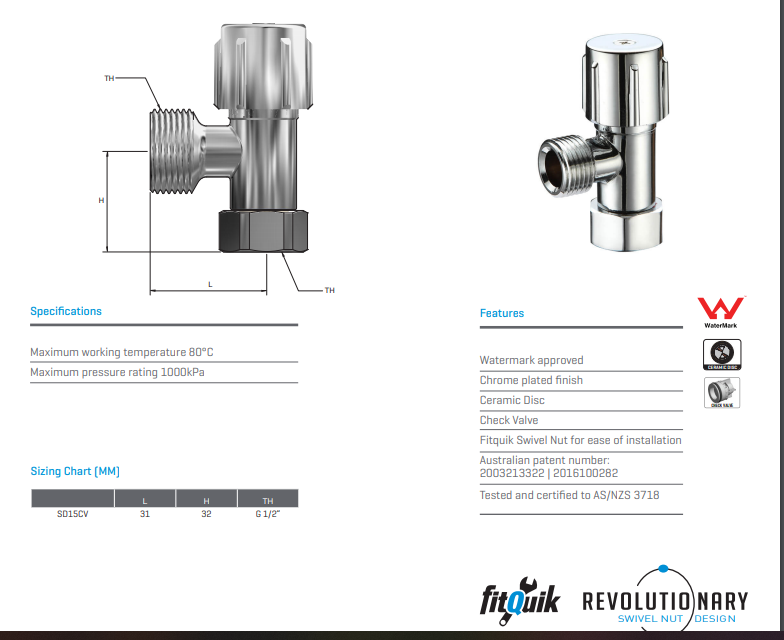 Monopoly Tapware Cistern Stop 1/4 Turn with Check Valve Swivel Nut 15mm Toilet Chrome Plated