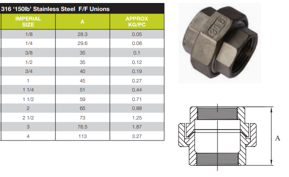 4" BSP 100mm 316 STAINLESS STEEL 3 PIECE UNION FEMALE FEMALE