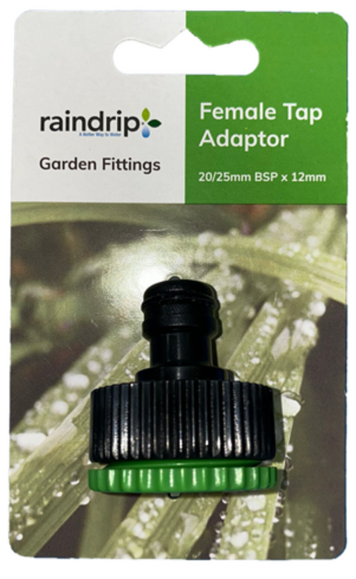 RAINDRIP FEMALE TAP ADAPTOR - 20mm & 25mm BSP x 12mm SNAP ON - GARDEN FITTING
