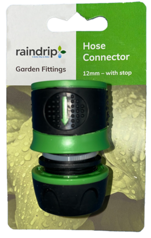 RAINDRIP HOSE CONNECTOR - HOSE x CONNECTION - 12mm WITH STOP - GARDEN FITTING RETICULATION