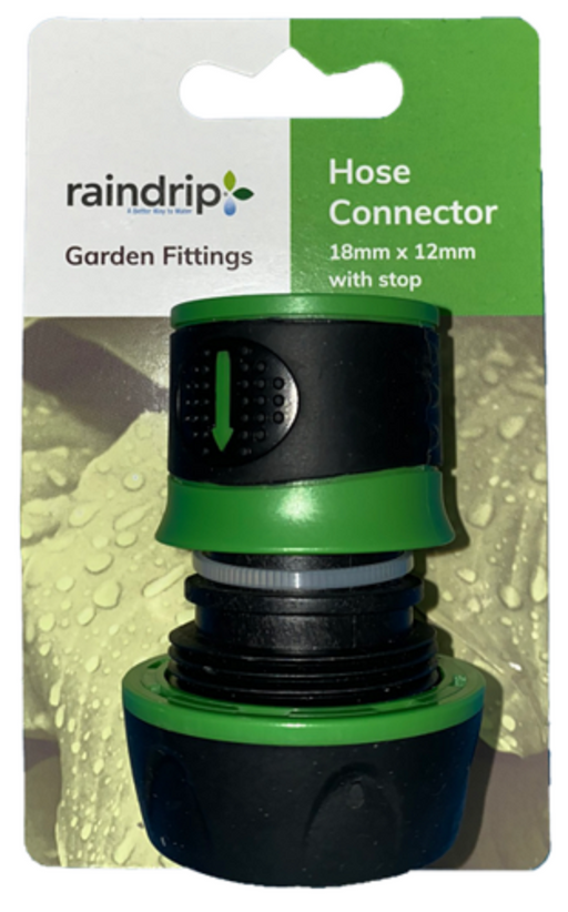 RAINDRIP HOSE CONNECTOR - HOSE x CONNECTION - 18 x 12mm WITH STOP - GARDEN FITTING RETICULATION