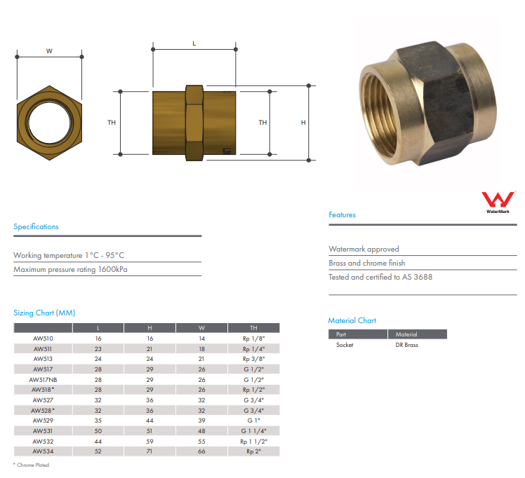 Brass Barrel Female Female Socket 1/2" BSP Thread 15mm