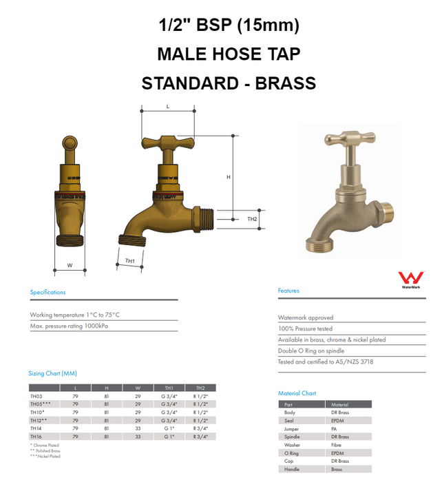 1/2" (15mm) BSP Male Hose Tap Standard MI Rough Brass Watermarked Garden Plumbing