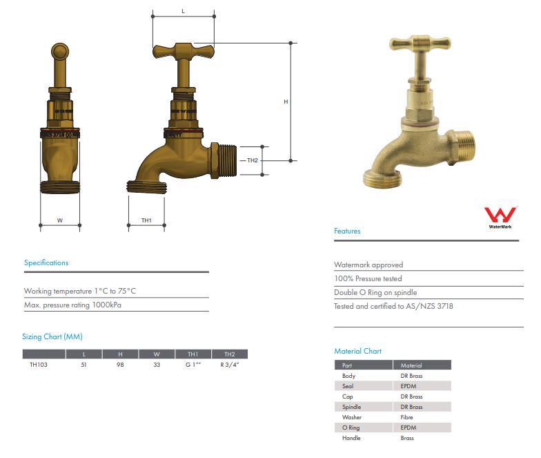 3/4" BSP (20mm) Hose Tap Gland Packed MI Watermarked Rough Brass