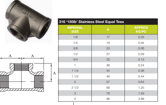 3" BSP 316 STAINLESS STEEL EQUAL TEE 75mm FEMALE THREAD