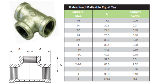 3/8" BSP (10mm) Gal Mal Equal Tee Female Thread Galvanised Malleable Steel