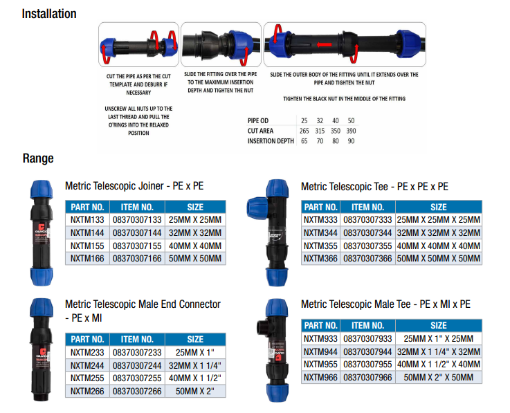 40mm x 1 1/2" BSP Norma Telescopic Metric Joiner - PE x MI - Blue Line Poly Pipe Irrigation Fittings
