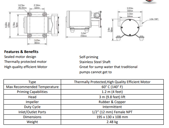 SeaFlo 12 Volt Transfer Pump Self Priming Bilge Pump Positive Displacement Pump - Open Flow 30.0 LPM