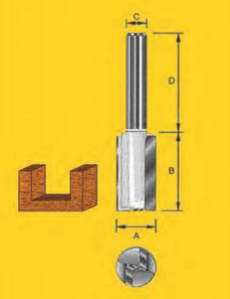 Router Bit - 16.0mm Straight - Two Flutes - (1/4") 6.35 x 32mm Shank - Tungsten CarbideEnd Cutting Tip