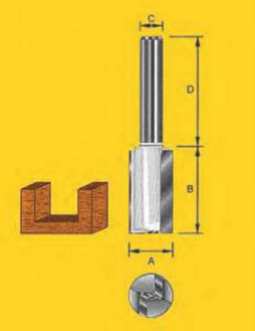 Router Bit - 8.0mm x 25.4mm Straight - Two Flutes - (1/4") 6.35 x 32mm Shank