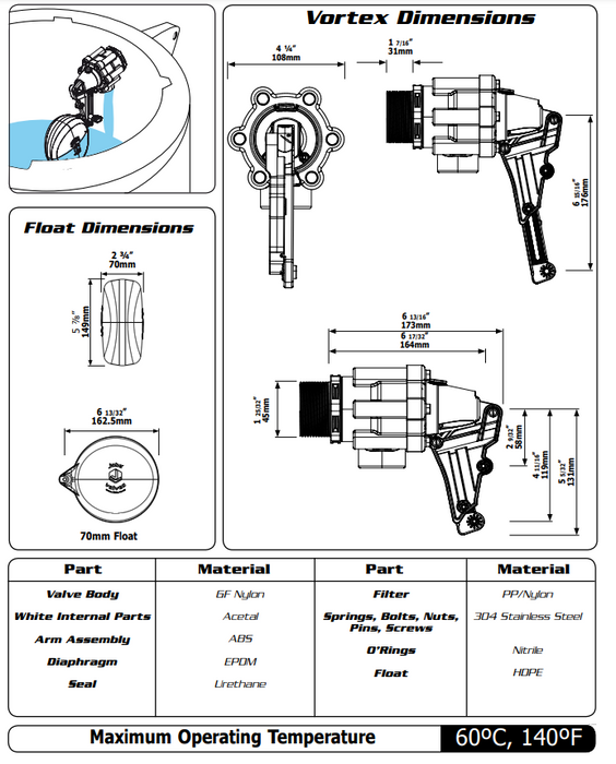 1 1/4" 32mm Vortex Jobe Float Valve