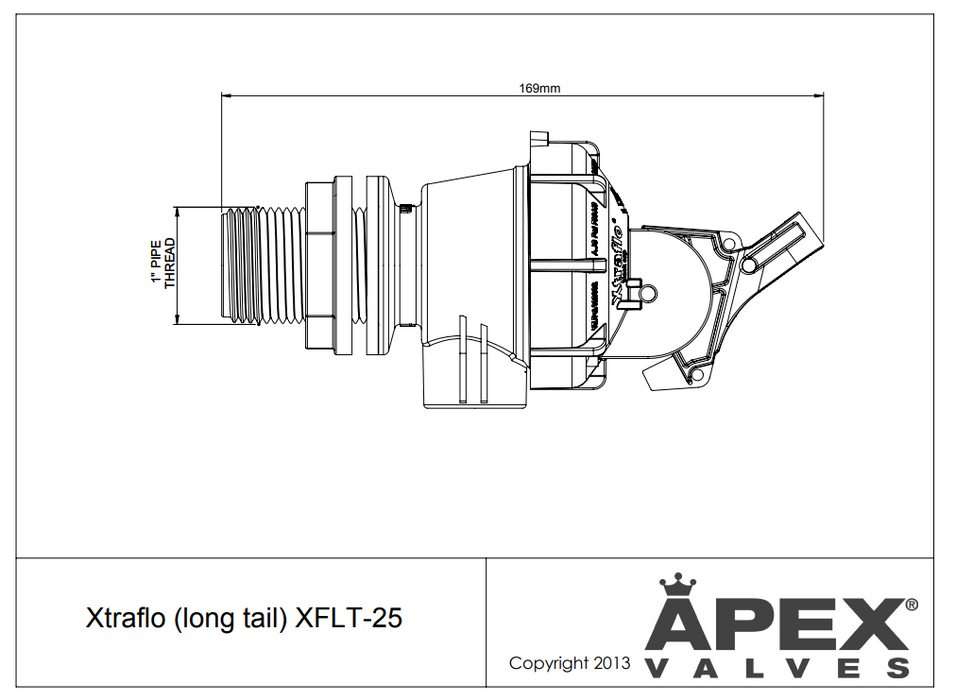 APEX BOTTOM ENTRY XTRAFLO ARMLESS TROUGH VALVE 25mm WITH LONG THREAD LENGTH