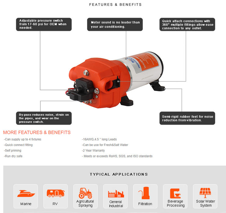 SeaFlo 41 Series Diaphragm Pump 12 Volt 15.0 Amp 40PSI Cut Off