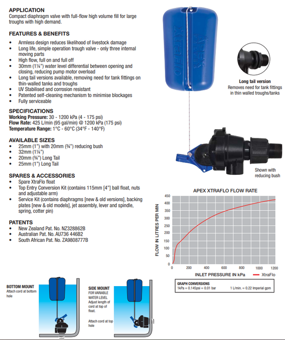 APEX BOTTOM ENTRY XTRAFLO ARMLESS TROUGH VALVE 25mm WITH LONG THREAD LENGTH