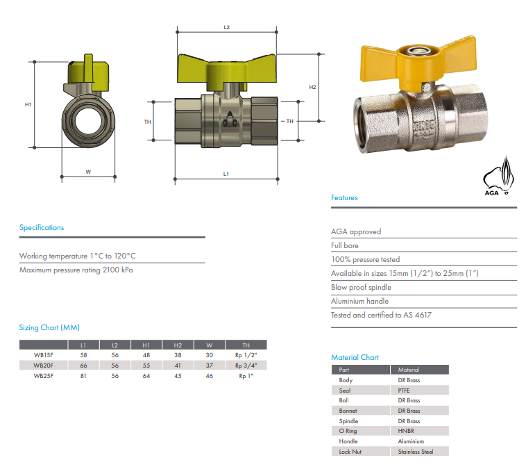 Ball Valve AGA Approved 3/4" BSP (20mm) Female Female Butterfly Handle