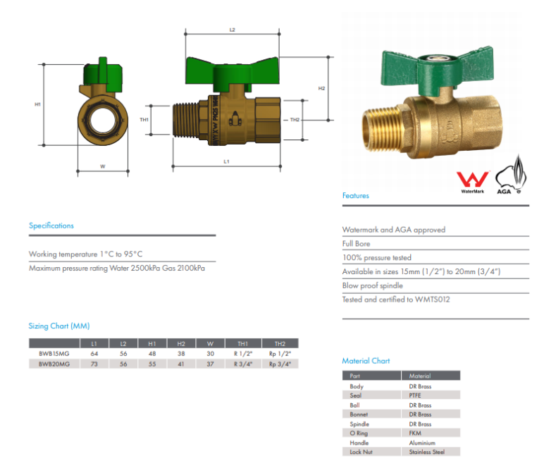 3/4" BSP (20mm) Brass Ball Valve Butterfly Handle Male Female Brass Body Watermarked