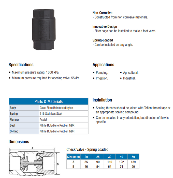 50mm (2" BSP) Nylon Spring Loaded Check Valve Female Irrigation