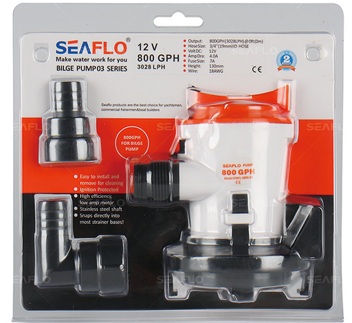 SeaFlo 12 Volt 800 GPH Bilge Pump/Side Mounting Strainer Base 19mm 3/4" Outlet