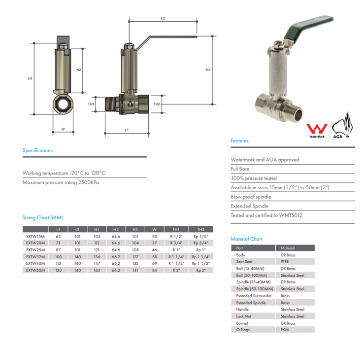 1/2" BSP (15mm) Brass Ball Valve Lever Handle Male x Female Extended Spindle Watermarked