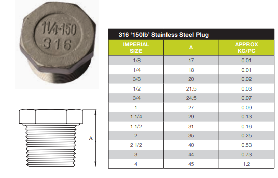 1/8" BSP 316 STAINLESS STEEL HEX PLUG