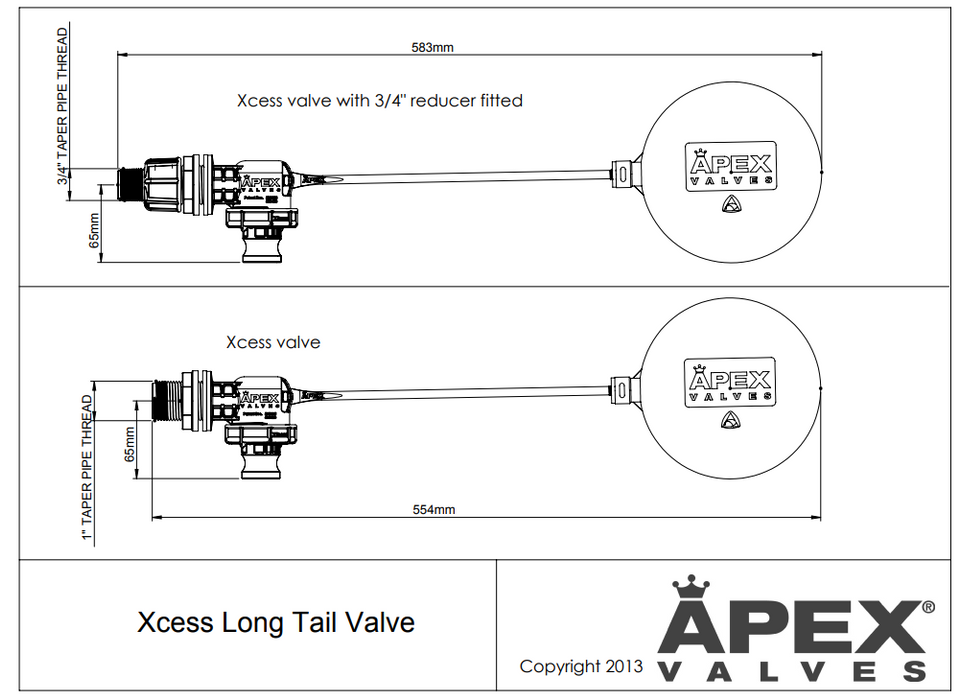 APEX XCESS LONG TAIL SHORT ARM FLOAT VALVE TROUGH AND TANK VALVE