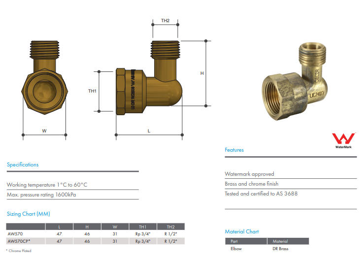 Brass Elbow Male Female Reducing 1/2" x 3/4" BSP (15mm x 20mm)