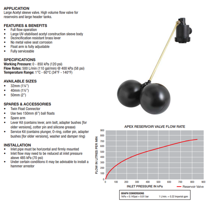 DUAL LEVEL APEX RESERVOIR VALVE 32mm (1 1/4") FLOAT VALVE