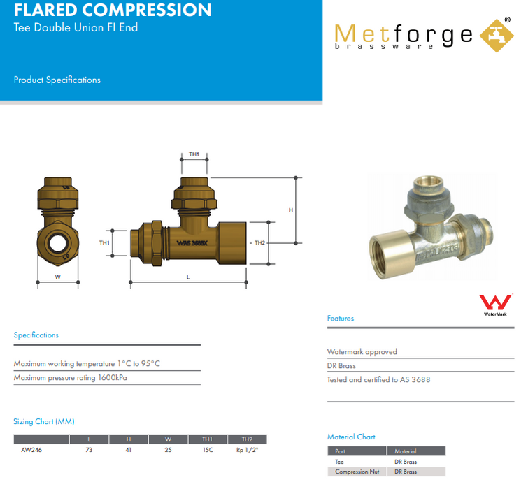 FLARED COMPRESSION BRASS TEE DOUBLE UNION FI END 15FI x 15C x 15C