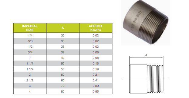 2 1/2" BSP (65mm) 316 STAINLESS STEEL TOE NIPPLE MALE THREAD WELD NIPPLE - 60mm LONG